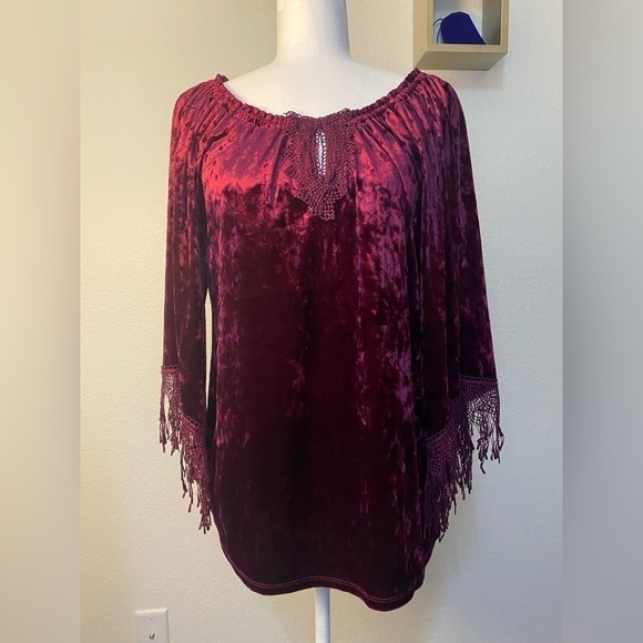 Melissa Paige Tops - Melissa Paige Burgundy Velour Velvet Blouse sz Small